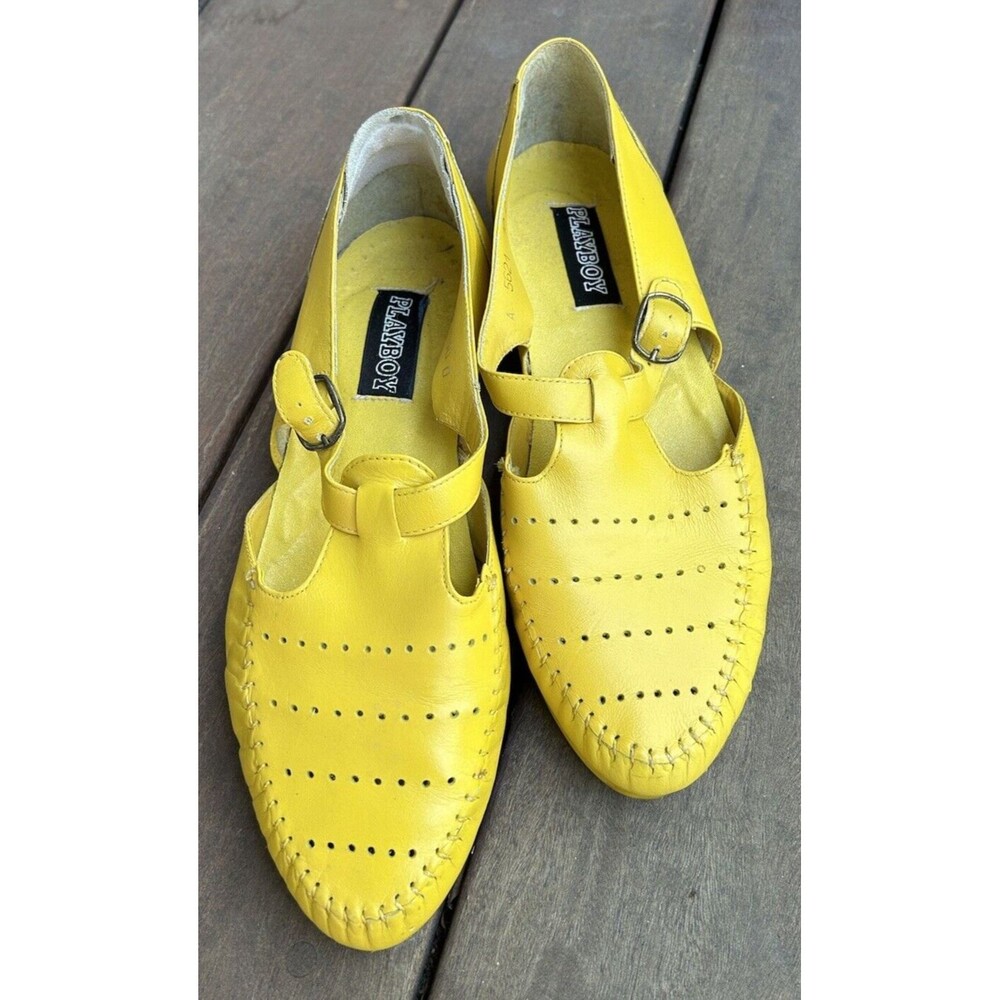 Vintage PLAYBOY Unisex Leather Shoes Yellow Buckle Miami Beachcore Rare